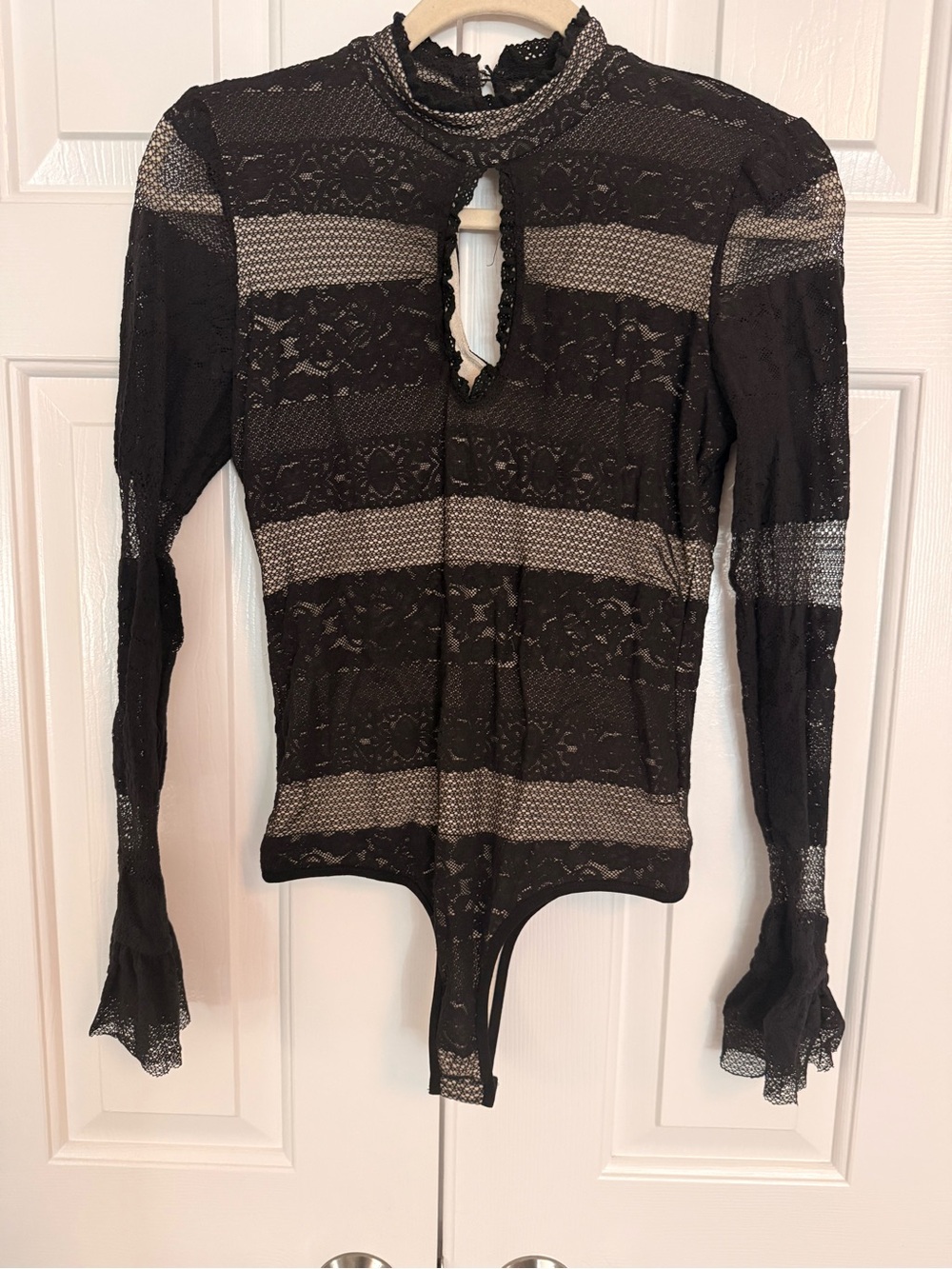 bebe Black Lace & Sheer Stripe Long-Sleeve Bodysuit